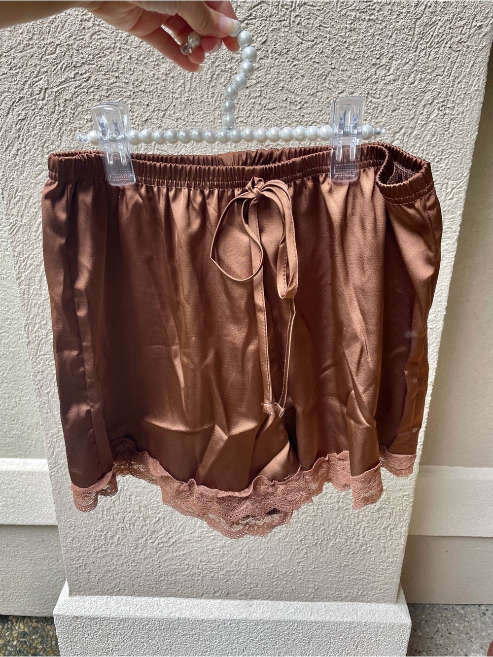 SHEIN Brown High Waist Satin Lounge Shorts with Lace Trim never worn